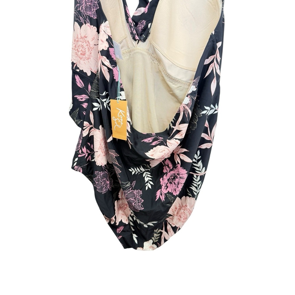 NWT 24W TWIST FRONT HALTER TIE BLACK FLORAL ONE PIECE SWIMSUIT KONA SOL - Picture 4 of 7